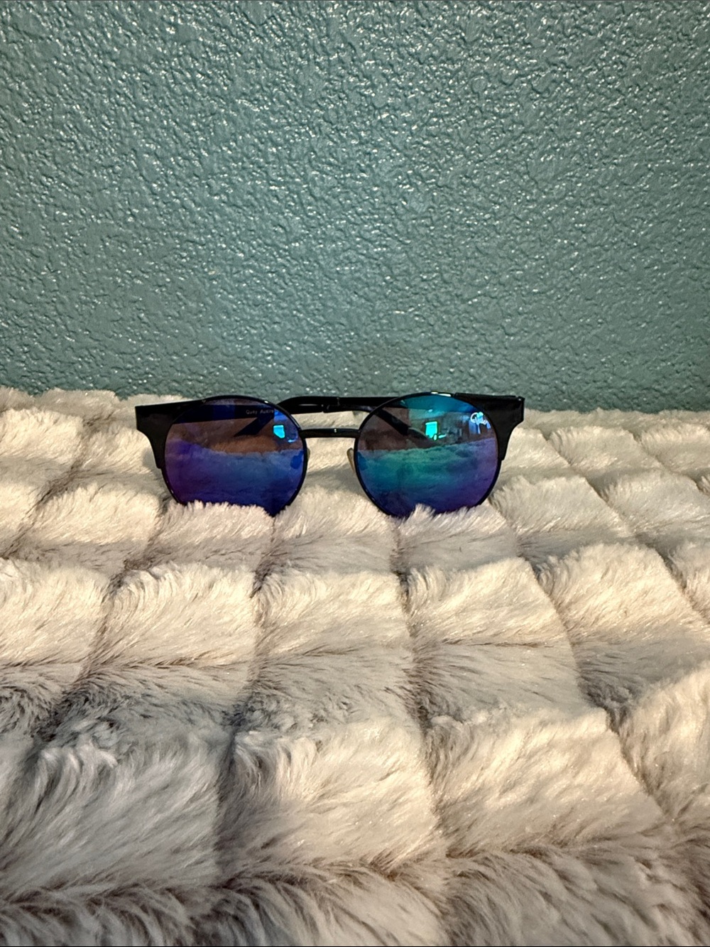 Quay Australia Black Frame Sunglasses with Blue-Green Mirrored Lenses